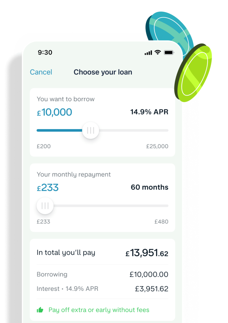 Loan calculator showing borrowing £15,000, to repay within 60 months.