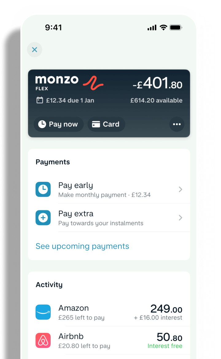 Overview screen within the Monzo app, showing £401.80 borrowed.