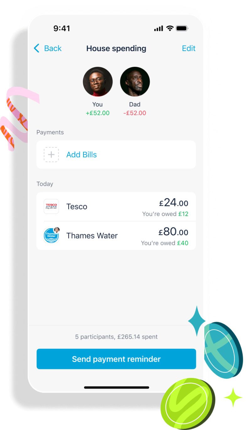 House spending shared tabs screen between 2 people, sharing the cost of a Tesco purchase and a payment to Thames water.