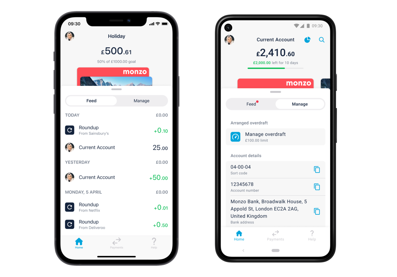 An image showing two phones. One is showing the Monzo feed, the other is showing the new manage tab, which sits next to the feed.