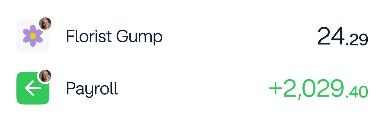 Two transactions from the Monzo feed. The first line item is a purchase from a merchant named "Florist Gump" for $24.29. The second line item is a payroll deposit for $2,029.40.