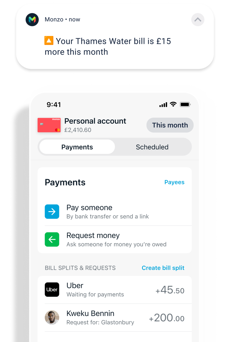 A notification that a Thames Water bill is £15 more for the current month. Below this is the personal account manage payments screen.
