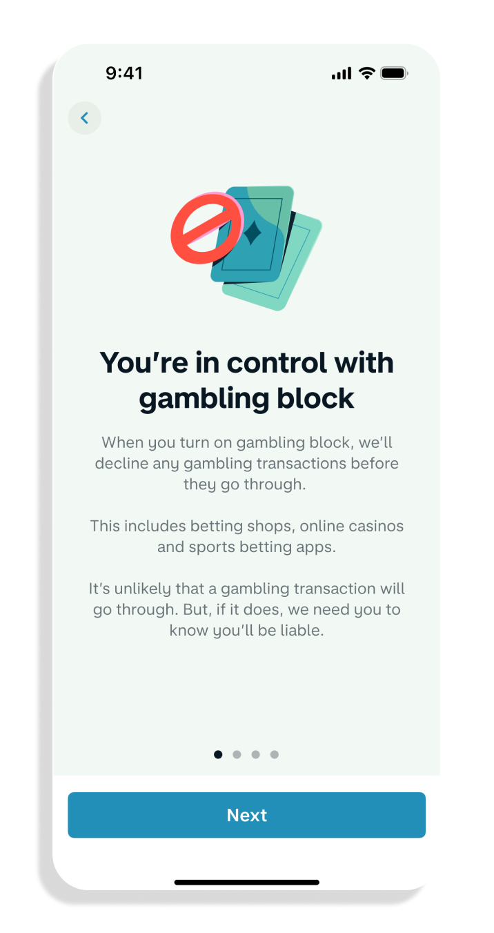 Block gambling transactions screen, showing the option to turn on Monzo's gambling block feature.