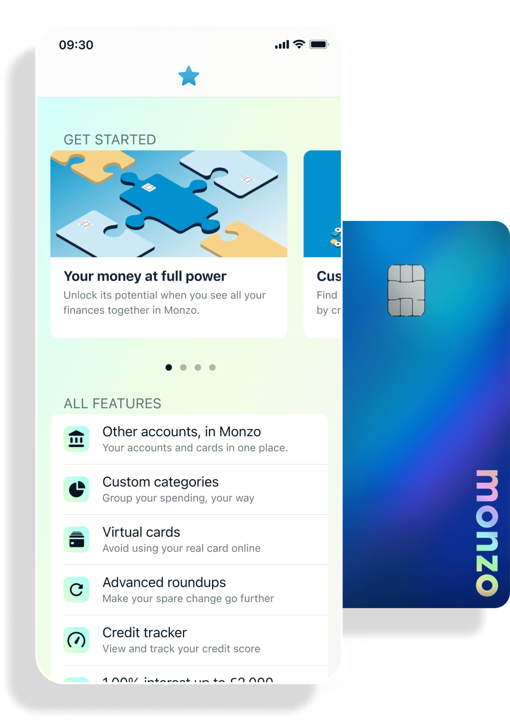 Monzo Plus features screen next to a Monzo Plus holographic blue card