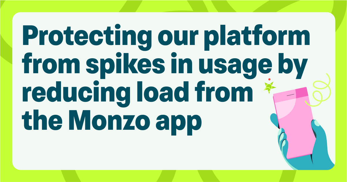Header image with a green border; to the bottom right there is an image of a blue hand holding a pink phone. The image reads 'Protecting our platform from spikes in usage by reducing load from the Monzo app'
