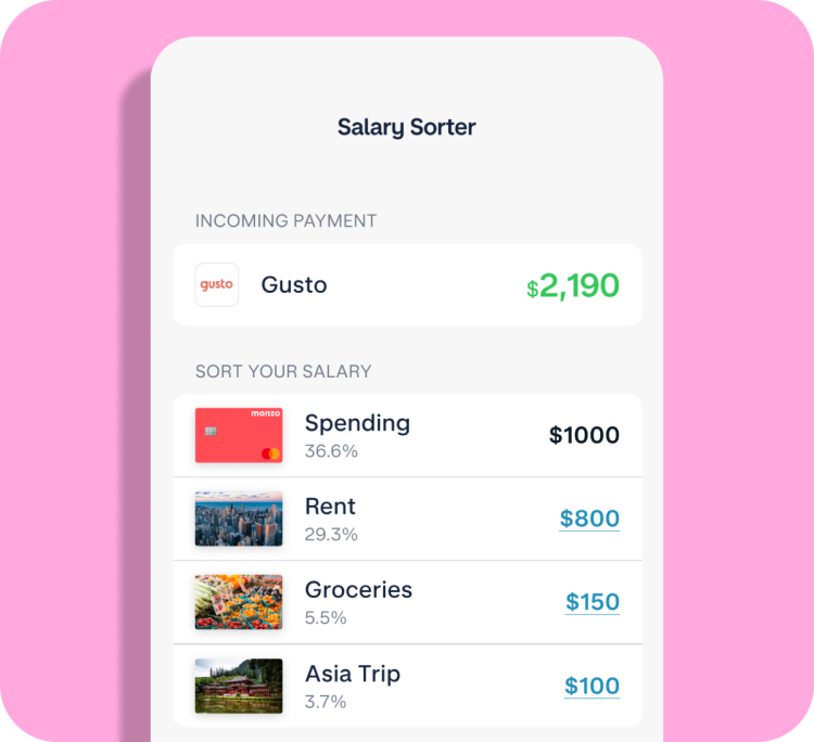 Screen showing the ability to split salary payments into different goals