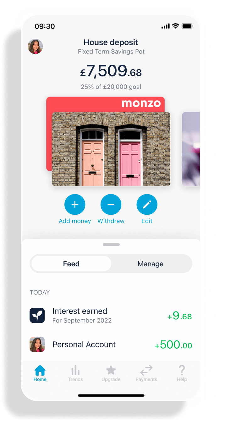 Transaction feed screen of a fixed term savings pot for a House deposit.