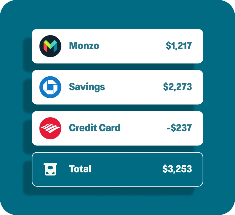 Screen showing multiple bank accounts balances from other banks in the Monzo app
