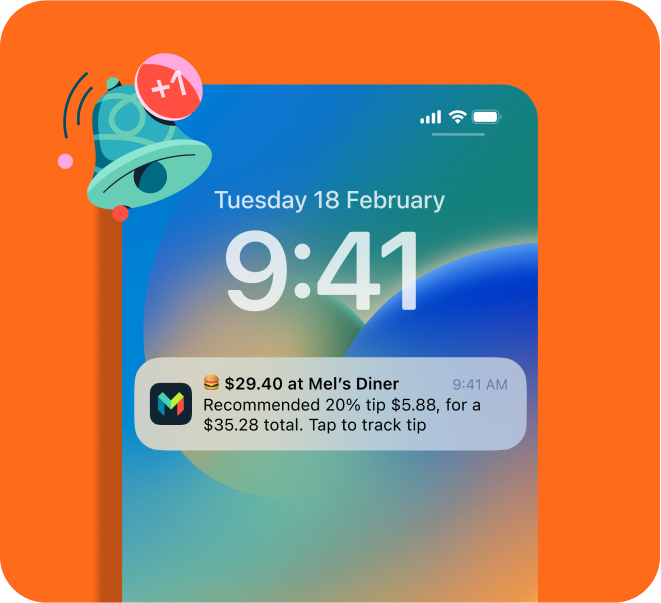Screen with a notification recommending a tip amount for a eating out transaction