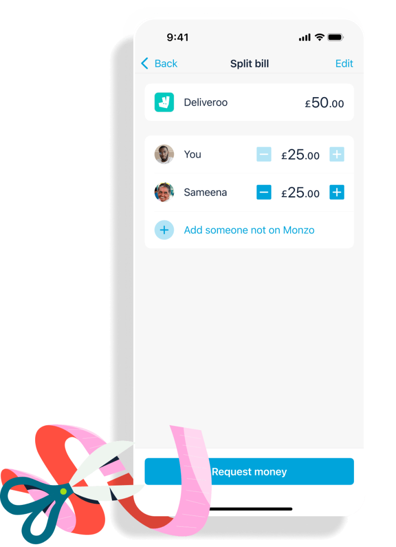 Split the bill screen showing splitting a payment to Deliveroo between 2 people.